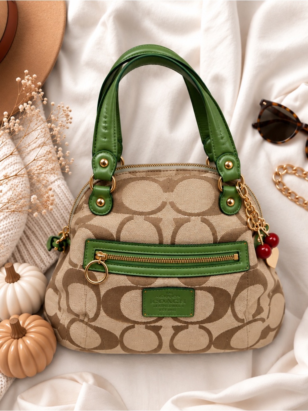 Coach Signature Satchel with Green Leather Trim